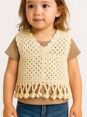 Charabia Crochet Fringe Sweater Vest Size 2 – Cream Boho Toddler Knitwear